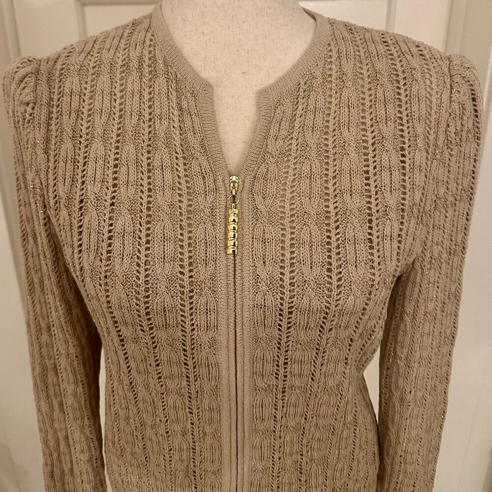 St. John Knit Shimmering Metallic Gold & Tan Cardigan 4